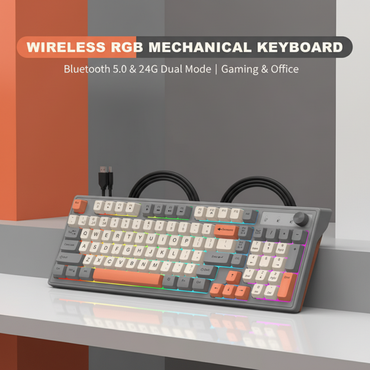 Wireless RGB mechanical feel keyboard with Bluetooth 5.0 and 2.4G connectivity for gaming and office use