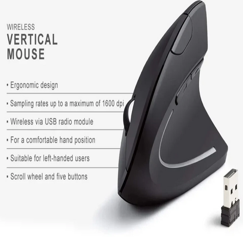 Ergonomic vertical wireless mouse with 2.4GHz connection, 6 buttons and adjustable DPI for PC and laptop use